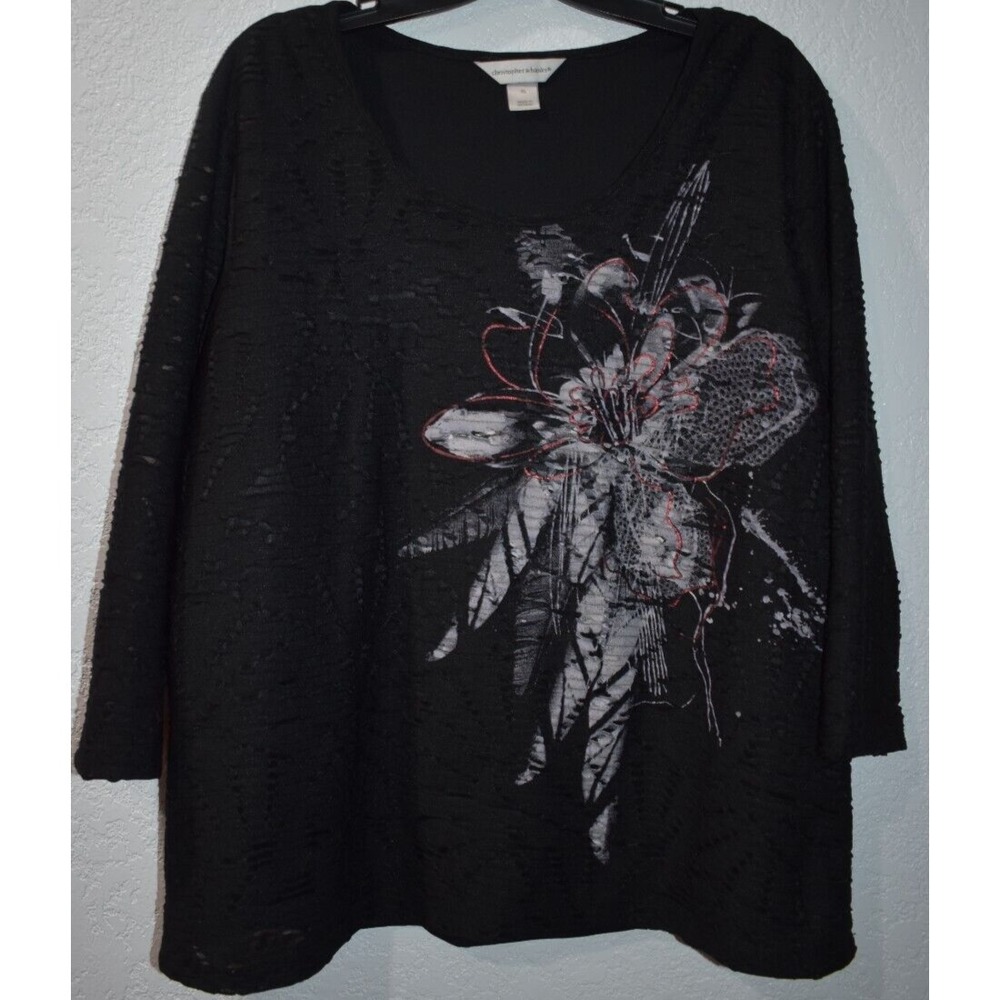 Christopher Banks XL Stretch Top Semi sheer Overlay Artsy Flowy 3/4 Sleeve Shirt